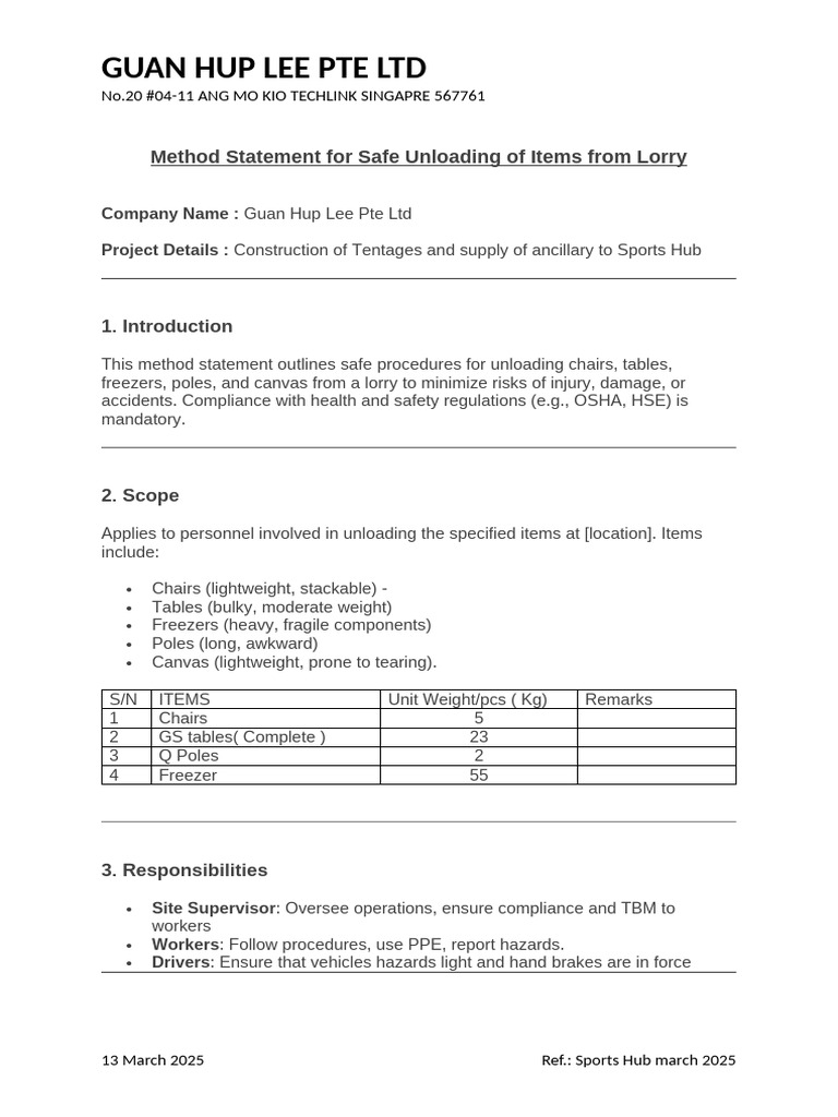 Safe Unloading Method Statement | PDF | First Aid | Personal Protective ...