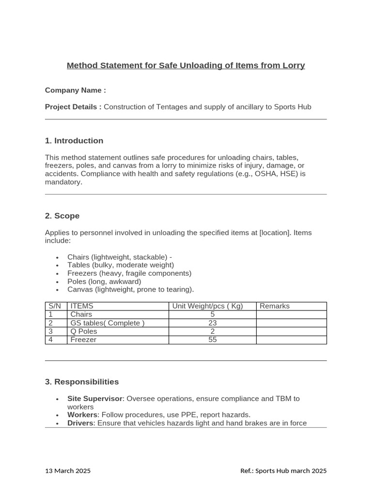 Safe Unloading Method Statement for Sports Hub | PDF | Personal ...