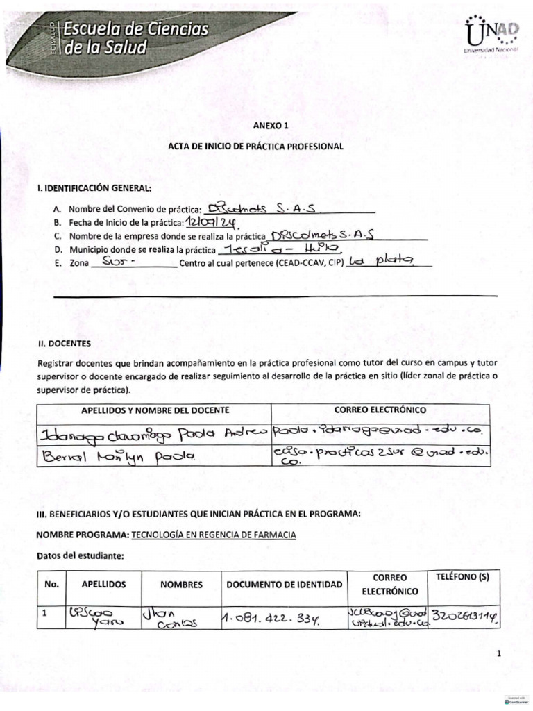 Anexo 1 - Acta de Inicio de Práctica Profesional, Diligenciada y ...