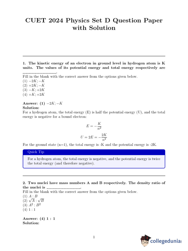 CUET 2024 Physics Set D Solutions | PDF | Doping (Semiconductor) | Inductor