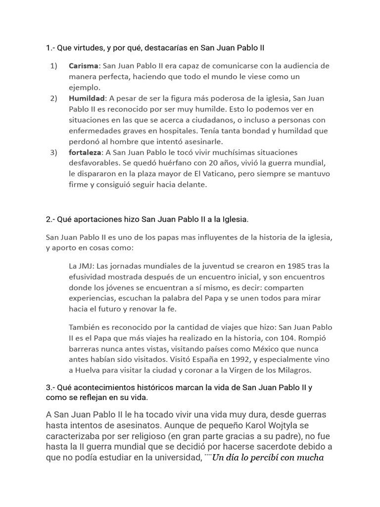 Virtudes y Aportaciones de San Juan Pablo II | PDF | Papa juan pablo ii ...