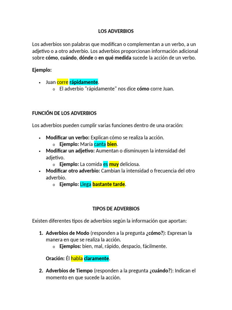 Tipos y funciones de los adverbios | PDF | Adverbio | Gramática