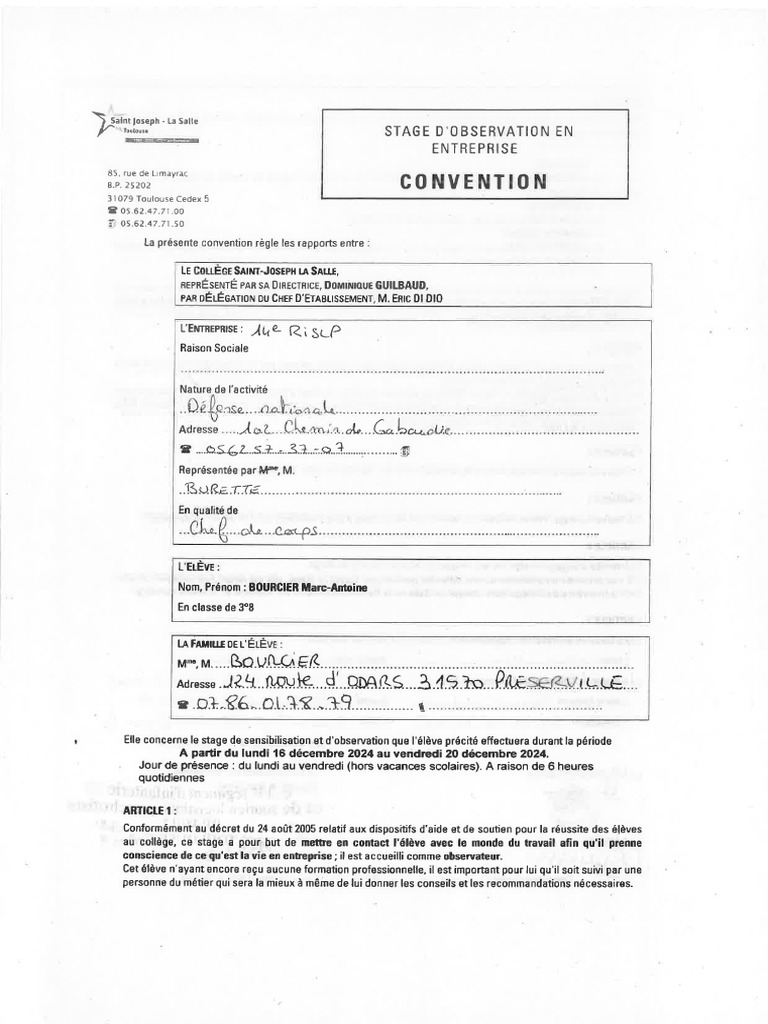 Convention de Stage M. BOURCIER Signée OSA | PDF