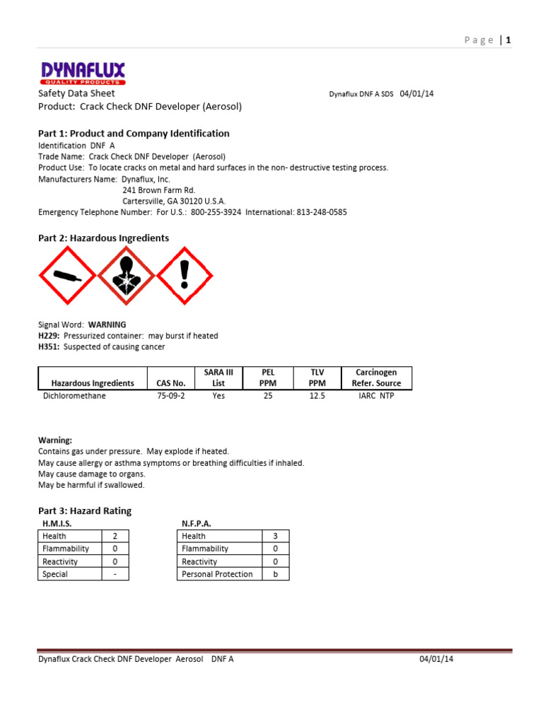 Dynaflux Crack Check DNF A SDS | PDF | Combustion | Carbon Dioxide