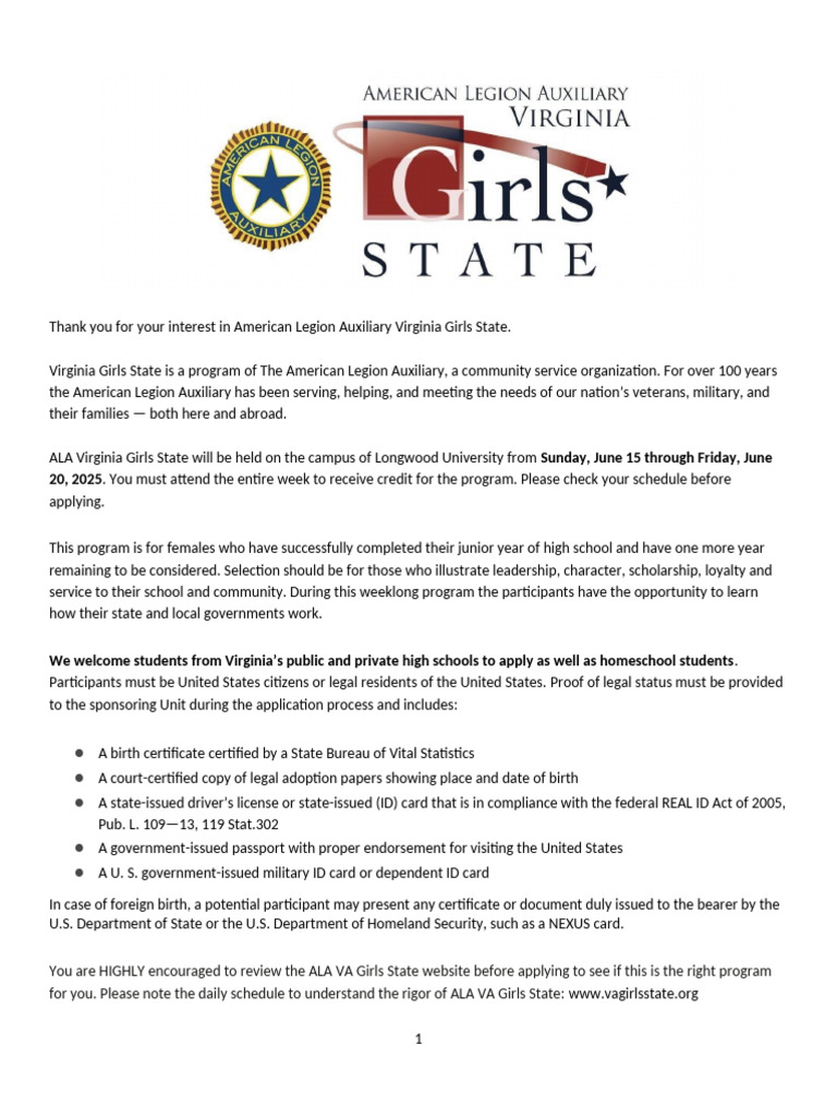 ALA VA Girls State Application Form2025 | PDF | Identity Document ...