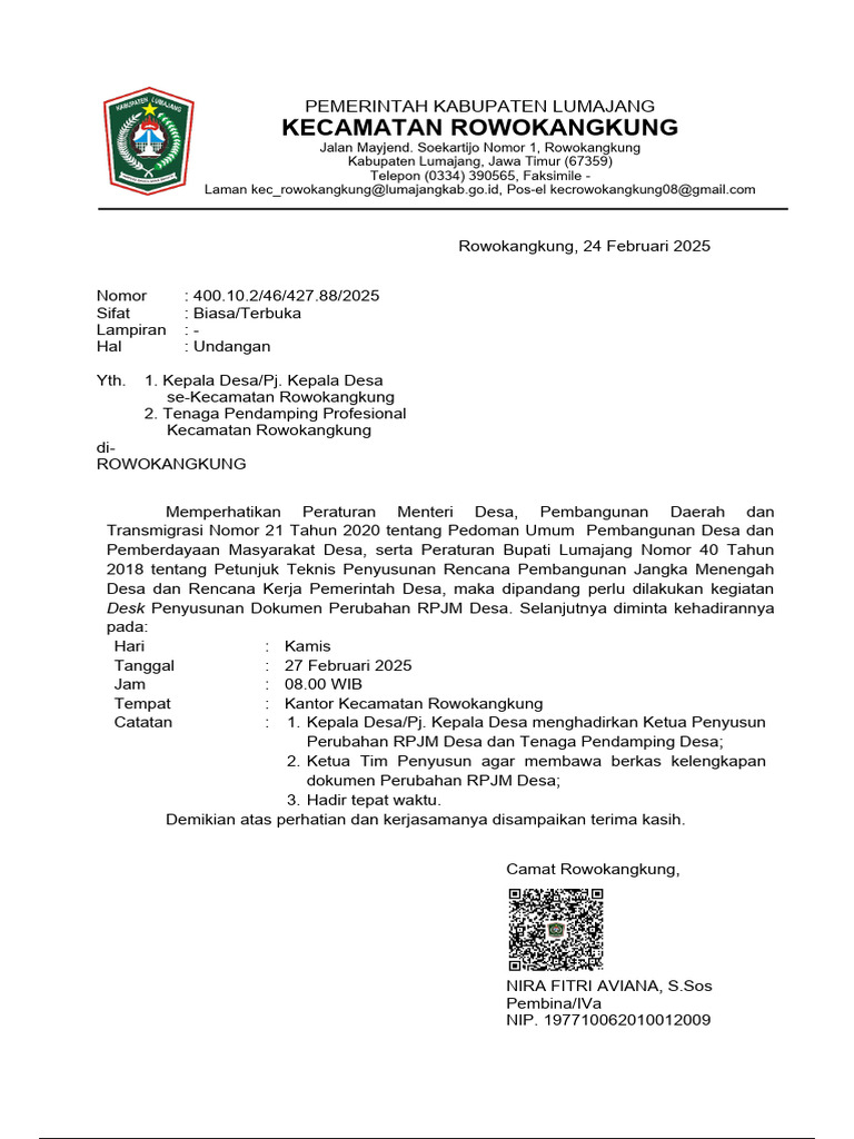 Undangan Penyusunan RPJM Desa Rowokangkung | PDF