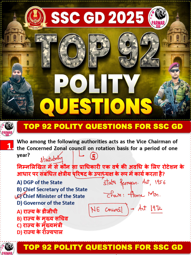 Top - 92 Polity Questions For SSC GD | PDF