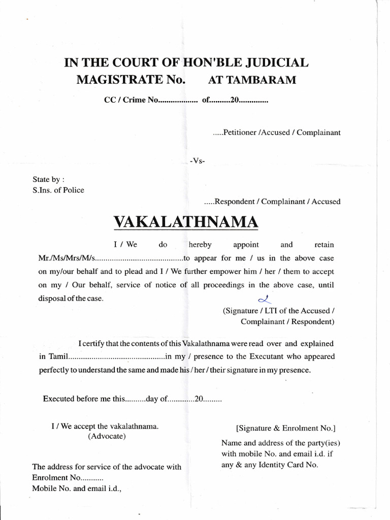 Vakalathnama for Legal Representation | PDF
