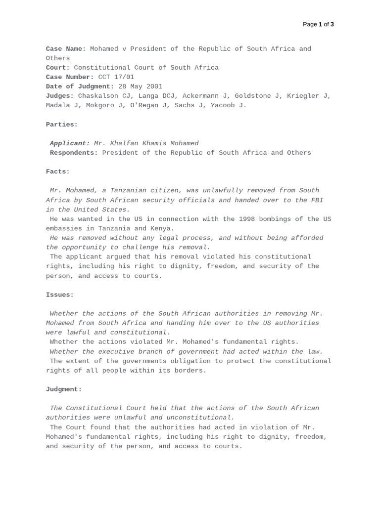 Mohamed V President of The RSA Case Note | PDF | Rule Of Law | Public Law
