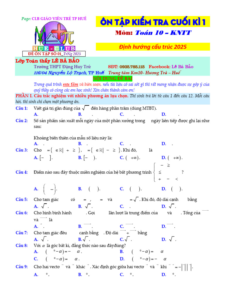 De 01 On Cuoi Ki 1 Toan 10 Form 2025 | PDF