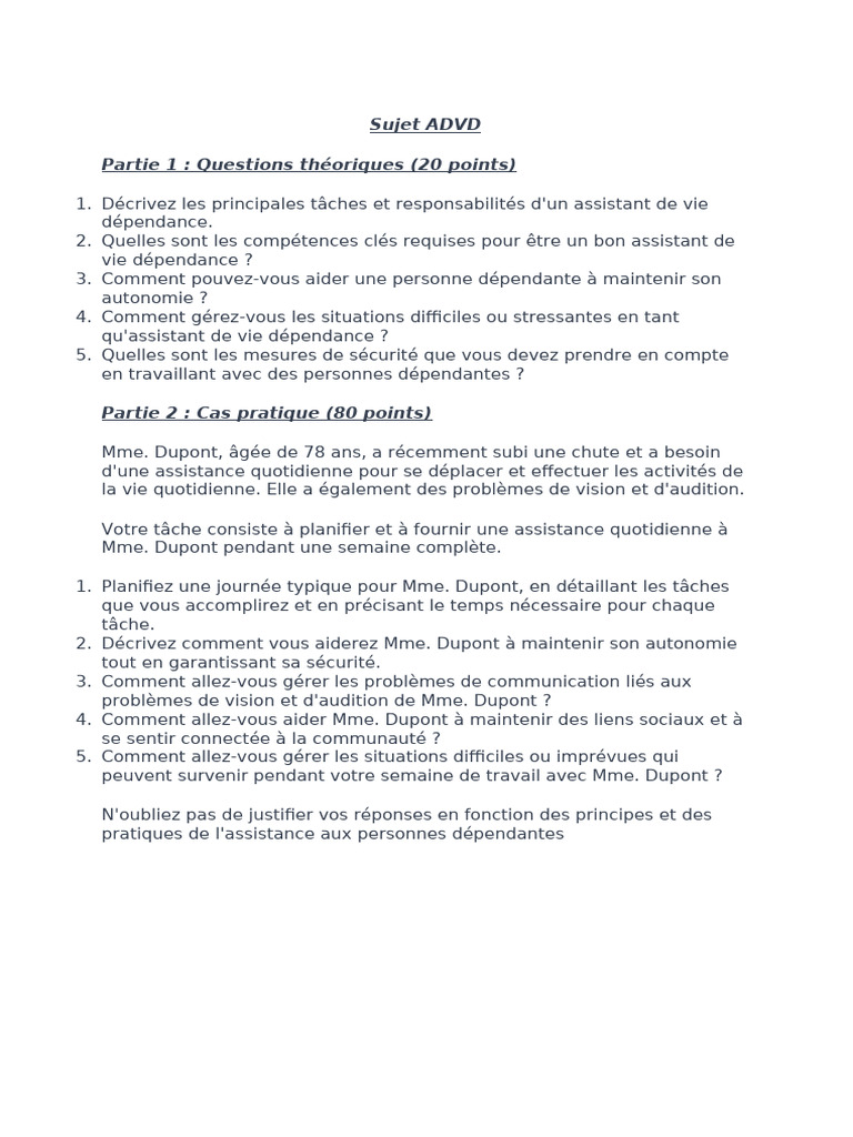 Sujet d'examen pour assistant de vie | PDF