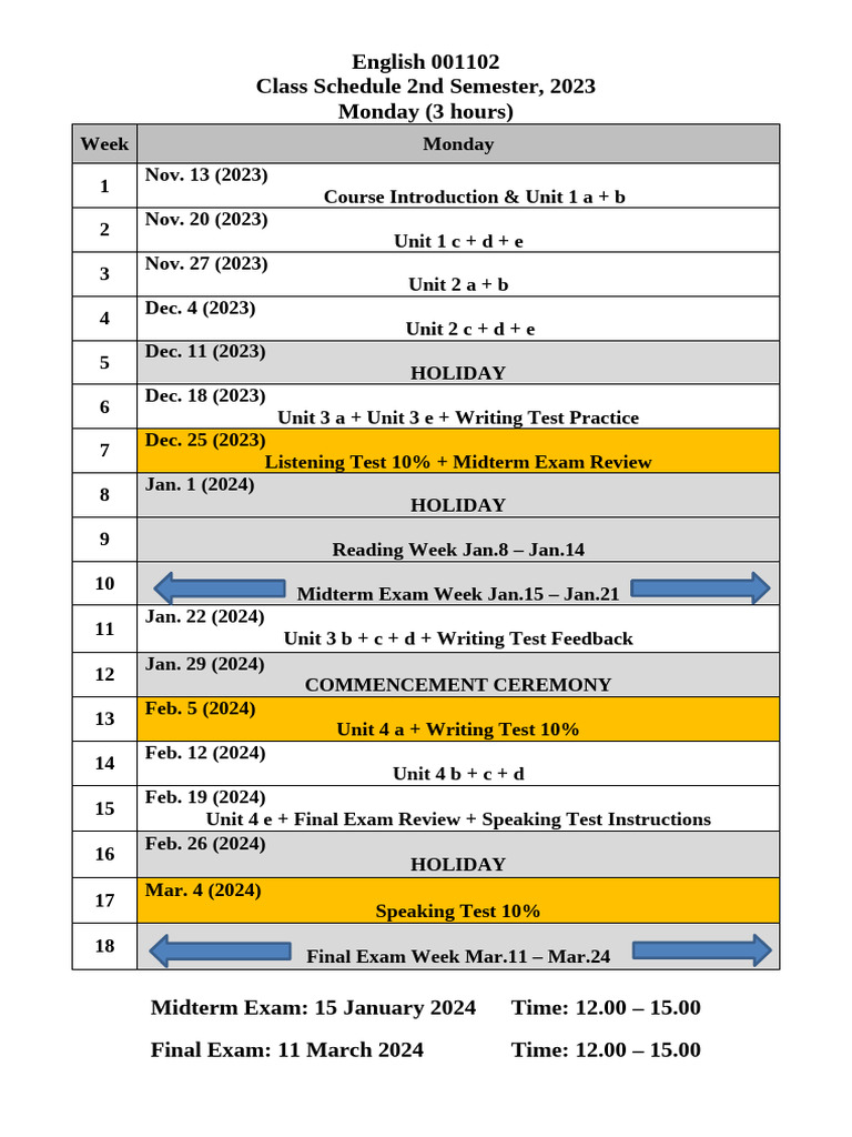 102 Class Schedule 2nd Semester 2023 Monday 3 Hrs | PDF