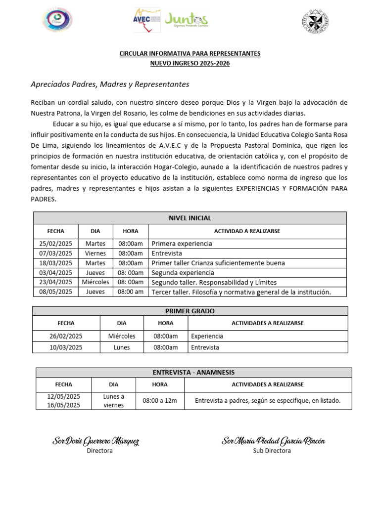 Circular Informativa Nuevo Ingreso 2025-2026 | PDF