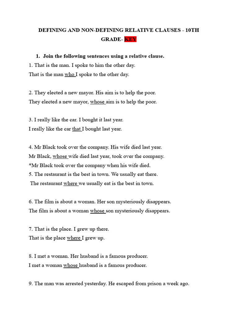 DEFINING AND NON DEFINING RELATIVE CLAUSES Key | PDF