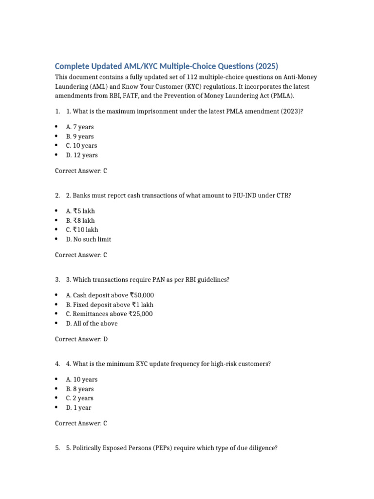Updated AML/KYC MCQs for 2025 | PDF | Business | Financial Regulation