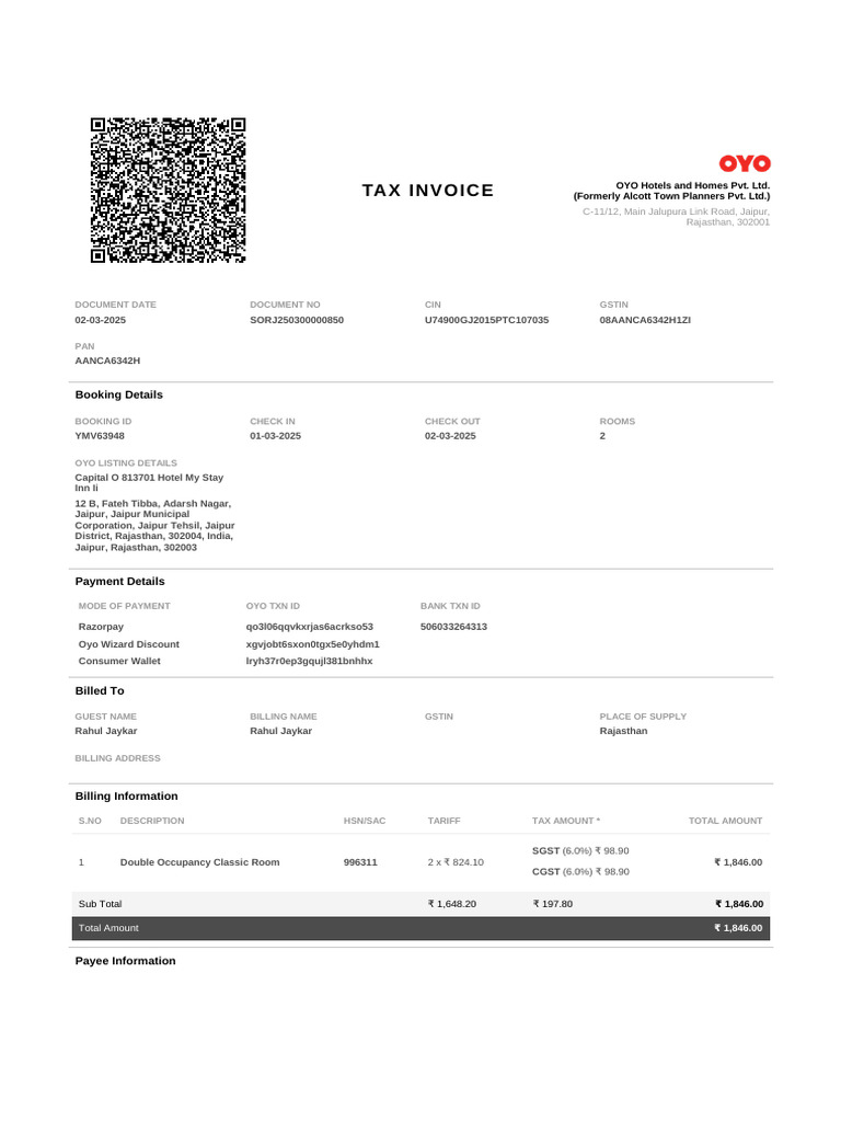 OYO Tax Invoice for Hotel Stay | PDF | Payments | Services (Economics)