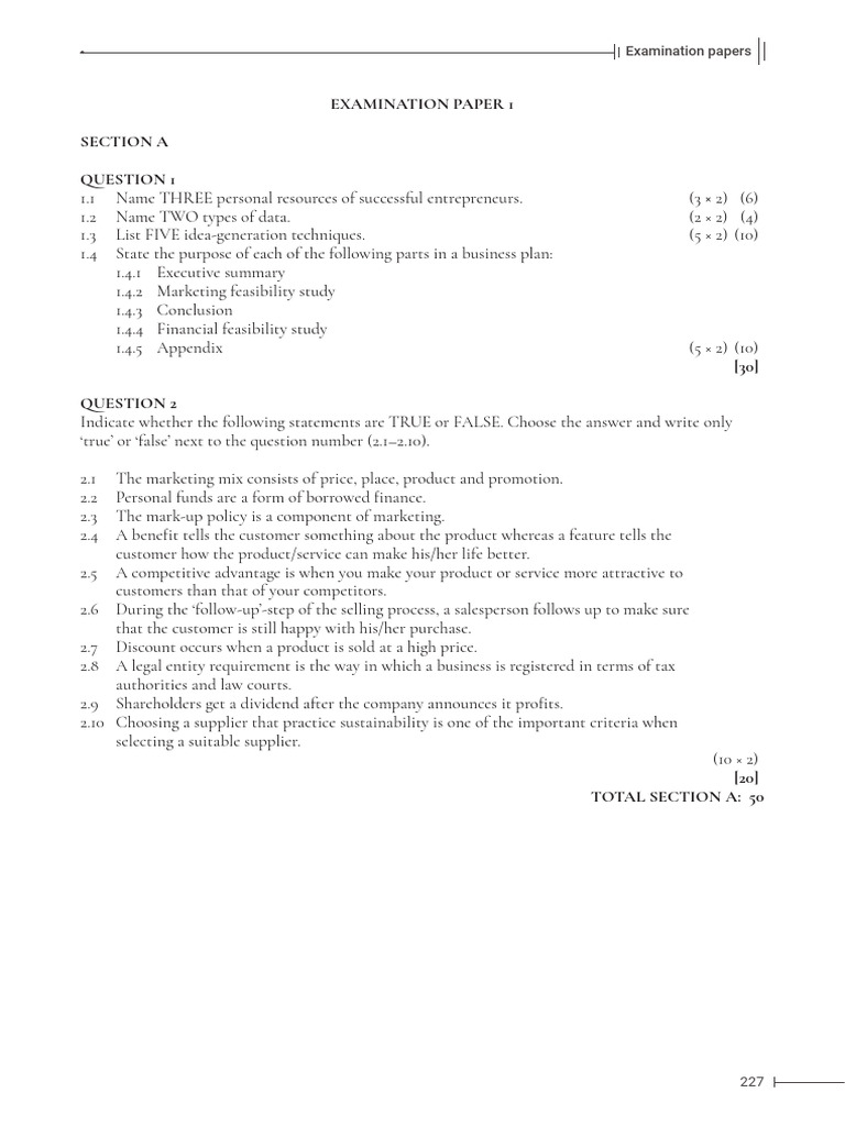 Exemplar Entrepreneurship Examination Paper | PDF | Marketing ...