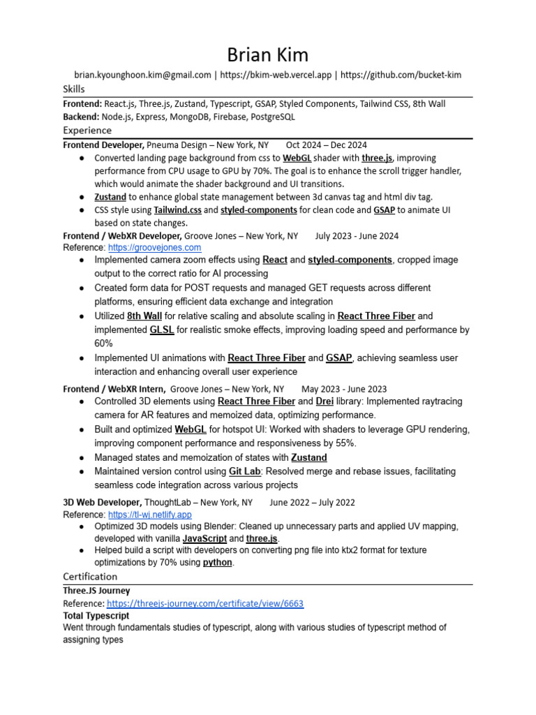 Frontend Developer: Brian Kim's Profile | PDF | Web Gl | Computing