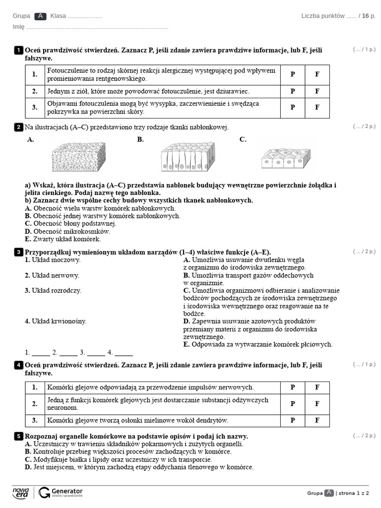 R1-R2. Organizm Człowieka Jako Funkcjonalna Całość. Skóra Test (Z ...
