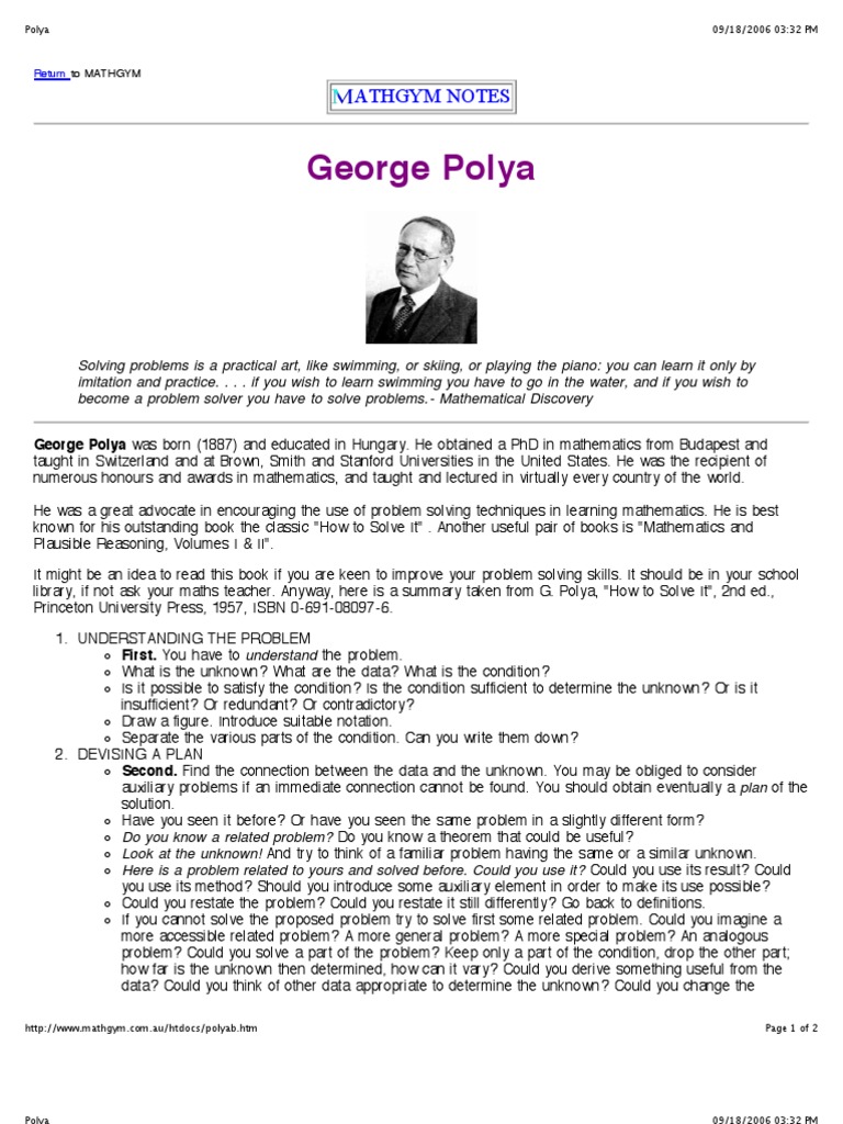 George Polya's Problem Solving Method | PDF | Teaching Mathematics ...