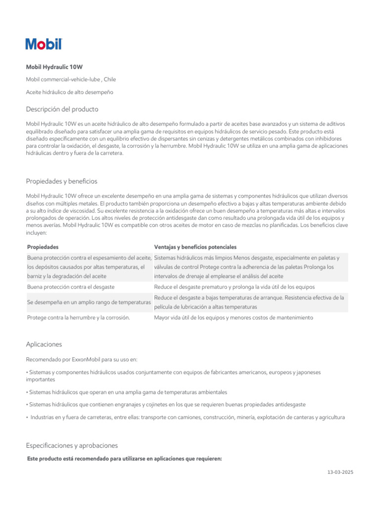 Mobil Hydraulic 10W: Aceite Hidráulico Premium | PDF | Lubricante ...