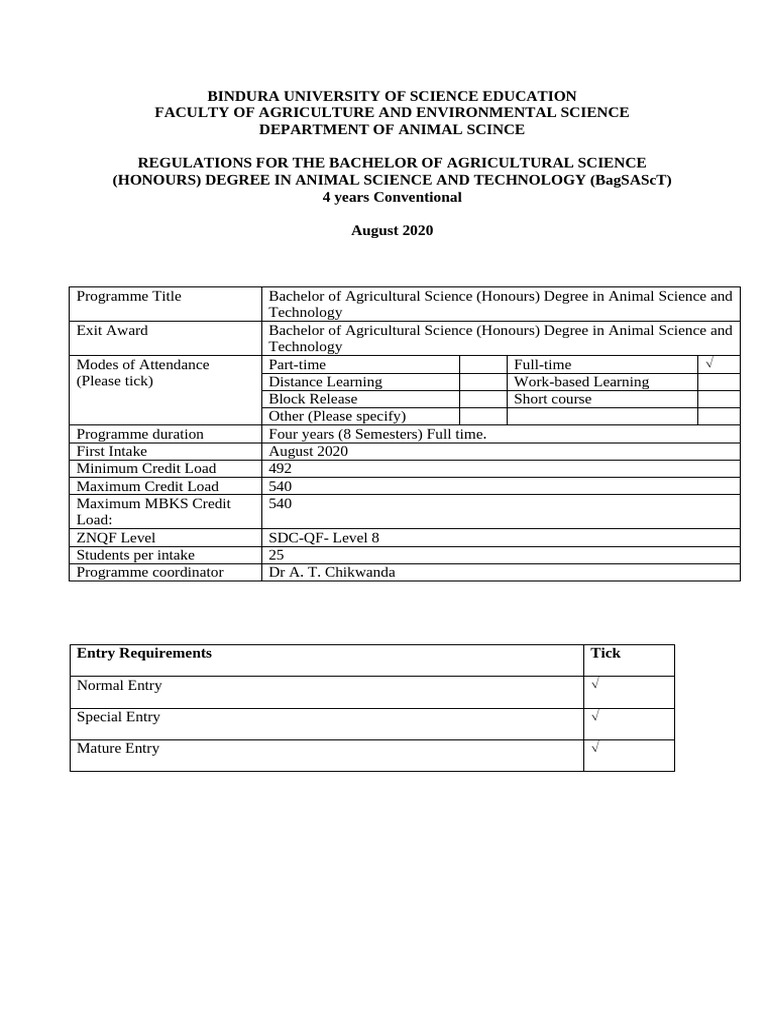 2025 Regulations For The Bachelor of Agricultural Science Honours in ...