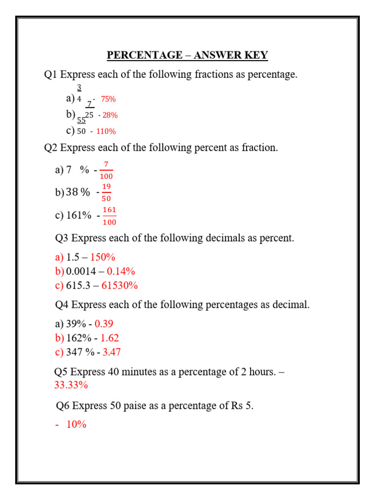 Percentage - Answer Key | PDF