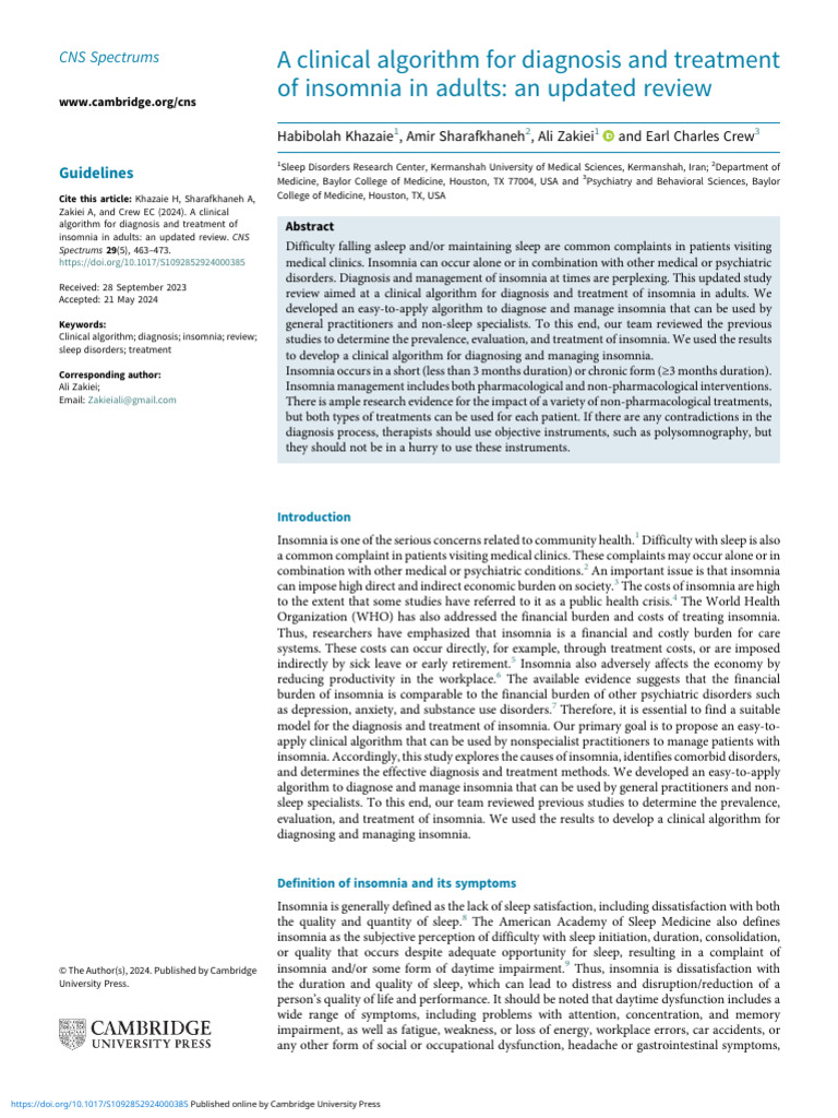 Insomnia Diagnosis and Treatment Algorithm | PDF | Insomnia | Mental ...