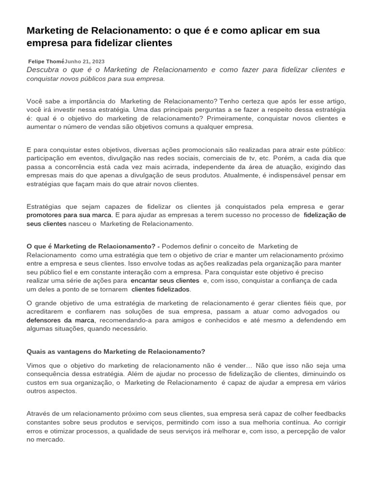 Marketing de Relacionamento para Fidelização | PDF | Marketing | Marca