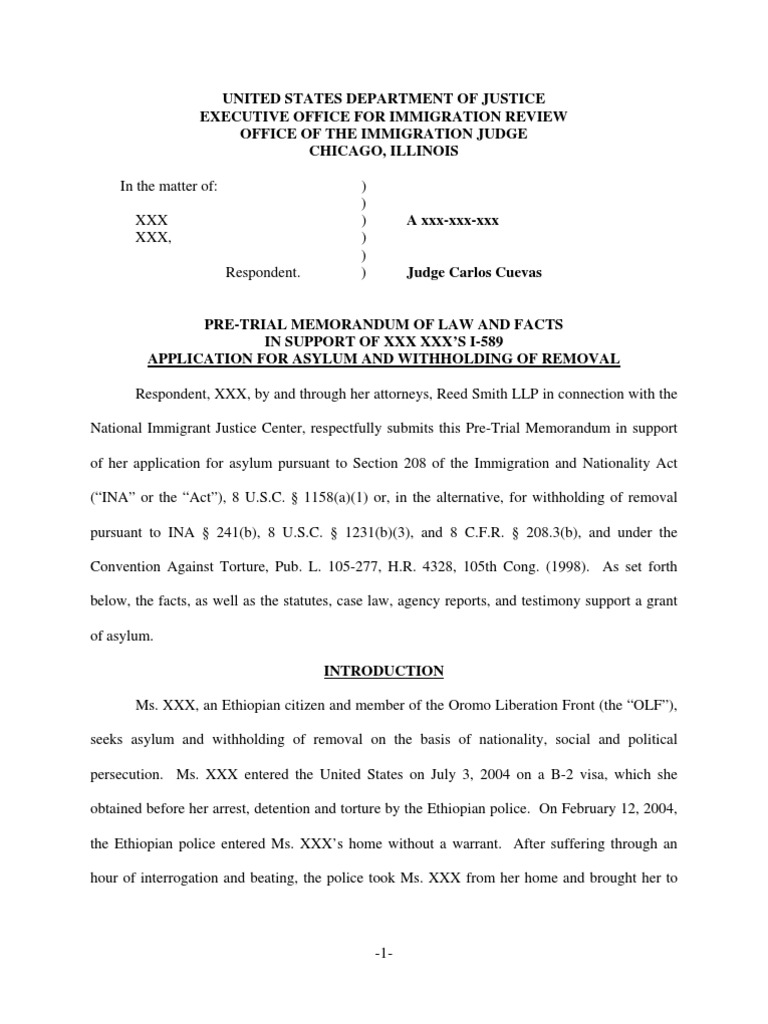 Sample Asylum Pre Hearing Brief Ethiopia Human Rights Watch