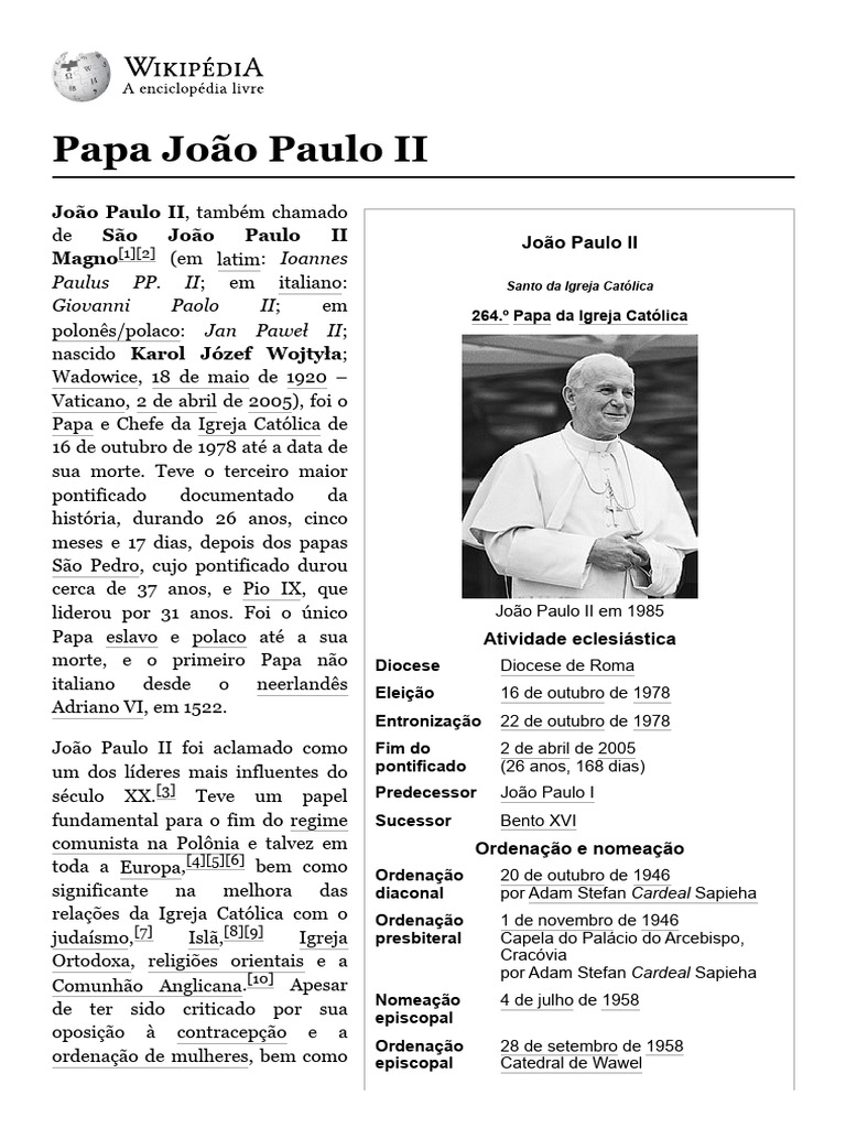 Papa João Paulo II: Vida e Legado | PDF | Papa João Paulo II