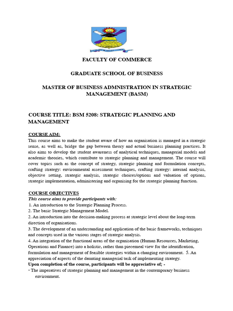 BASM Strategic Planning and Management Course Outline (BSM 5208) PDF