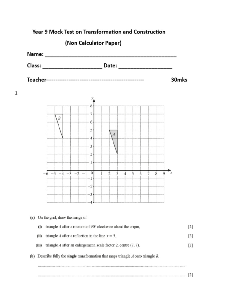 Year 9 Mock Test: Transformations | PDF
