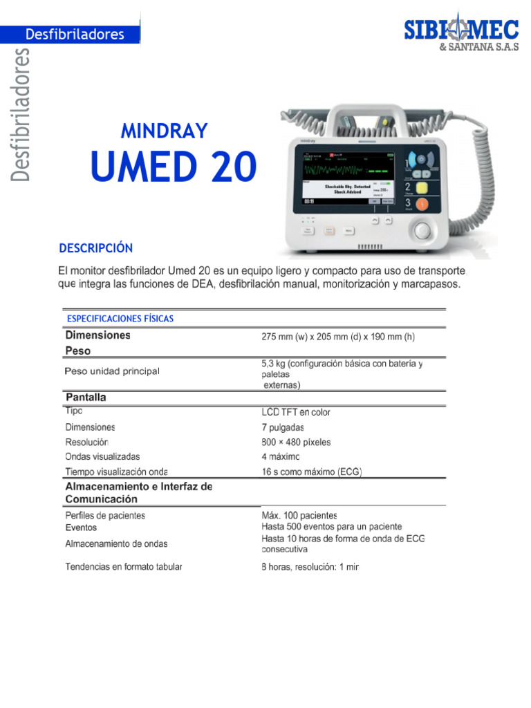 Desfibrilador Mindray UMED 20: Especificaciones | PDF