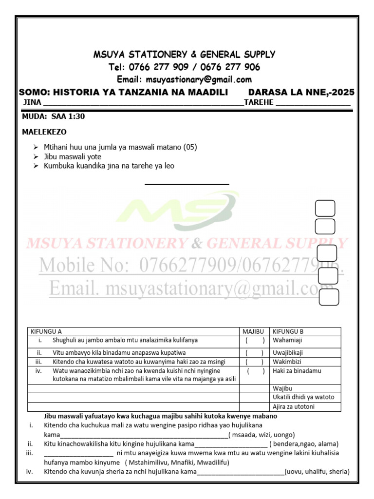 Historia Ya Tanzania Na Maadili Drs IV Package 11 | PDF