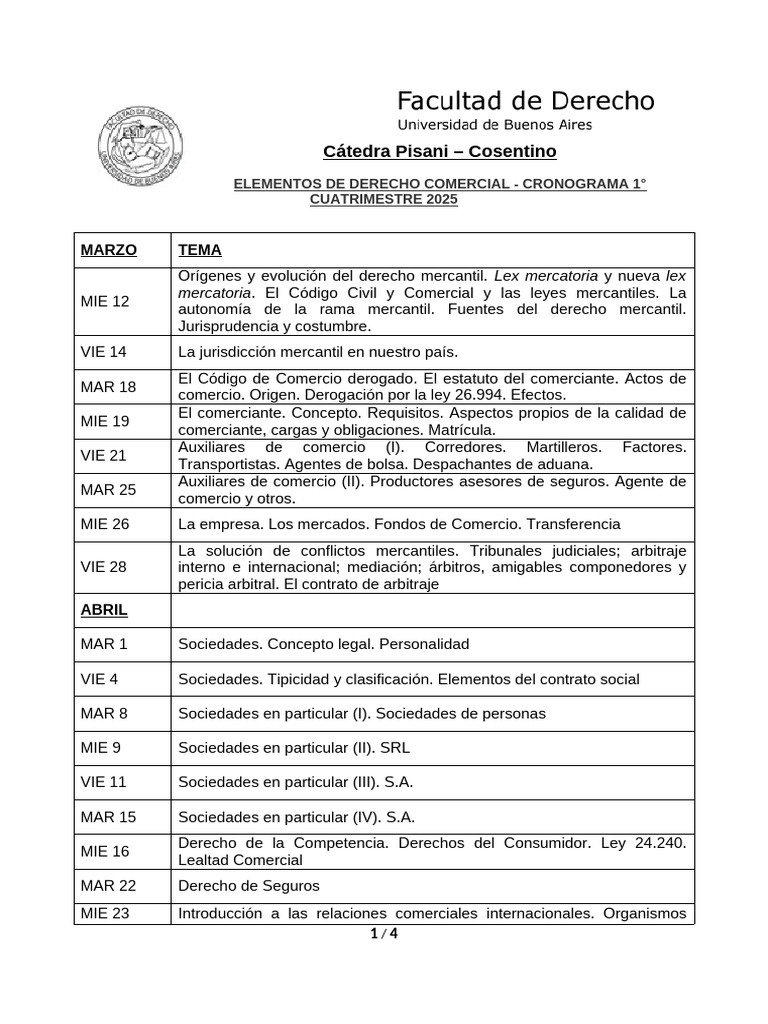 Cronograma Derecho Comercial 2025 | PDF | Bancarrota | Arbitraje