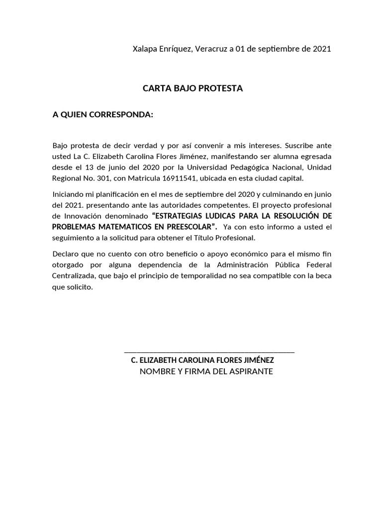CARTA BAJO PROTESTA CHICAS | PDF