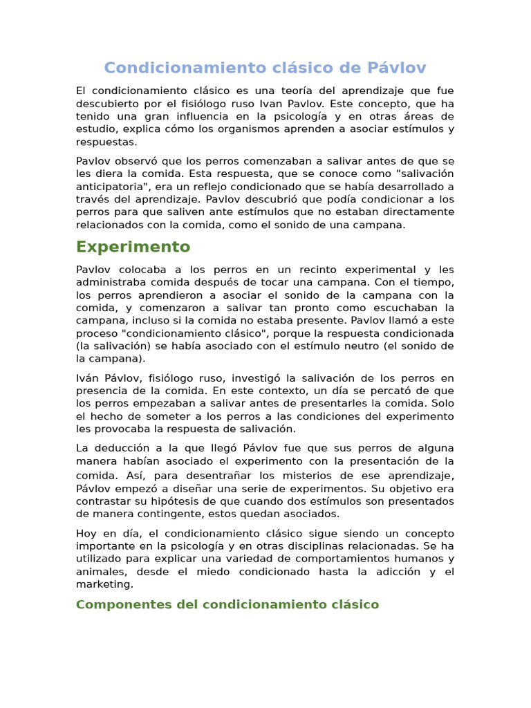 Condicionamiento Clásico de Pavlov | PDF | Condicionamiento clásico ...