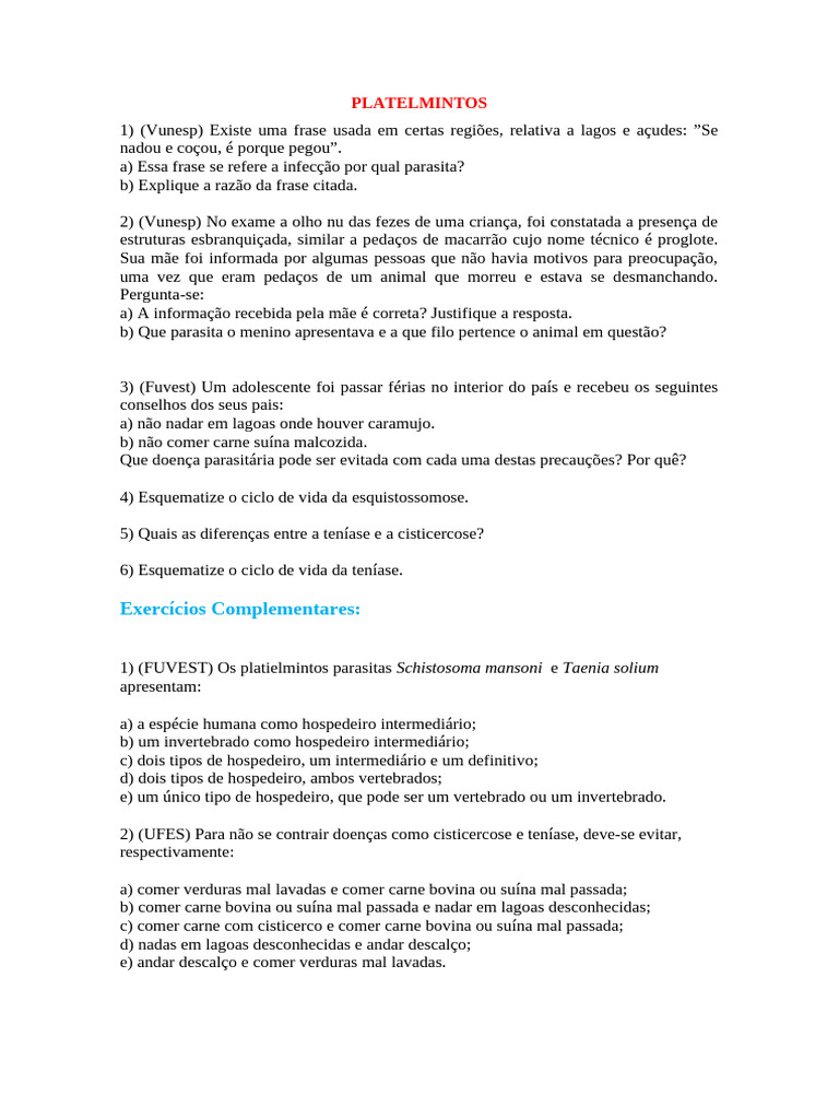 Questionário Filo Platelmintos | PDF | Biologia