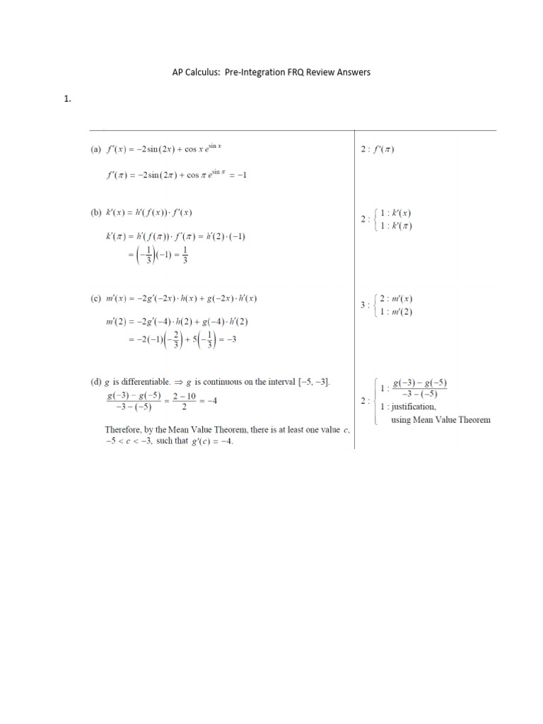 5 - Pre-Integration FRQ Review Answers | PDF