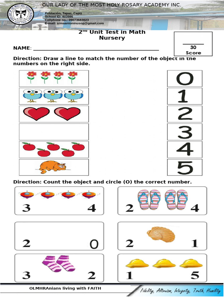 2nd Unit Math Test for Nursery Students | PDF