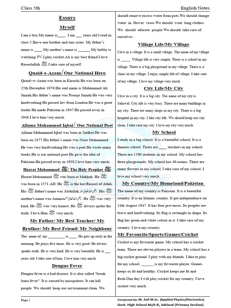 English Notes For Class 5th-2021-2022 Legal 8.5x13 | PDF | Muhammad Ali ...