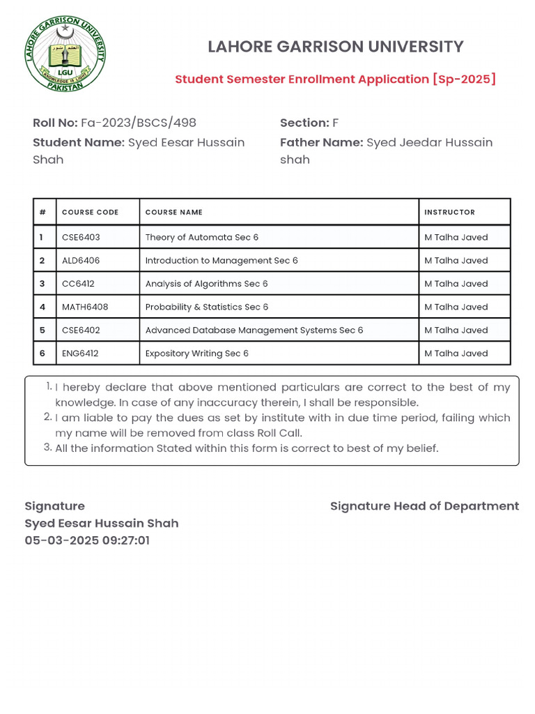 Syed Eesar Hussain Shah-Enrollment-Form | PDF