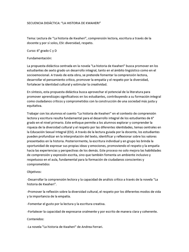 Secuencia Didáctica La Historia de Kwaheri de Andrea Ferreri | PDF ...