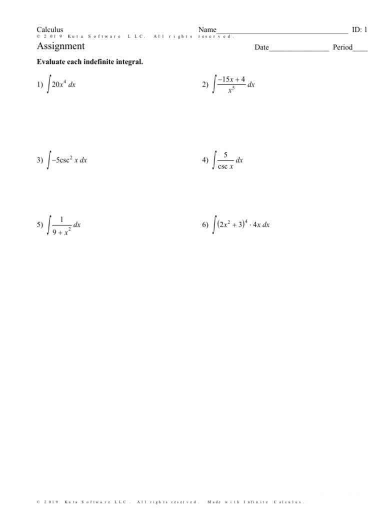 Indefinite Integral Worksheet Answers | PDF | Calculus