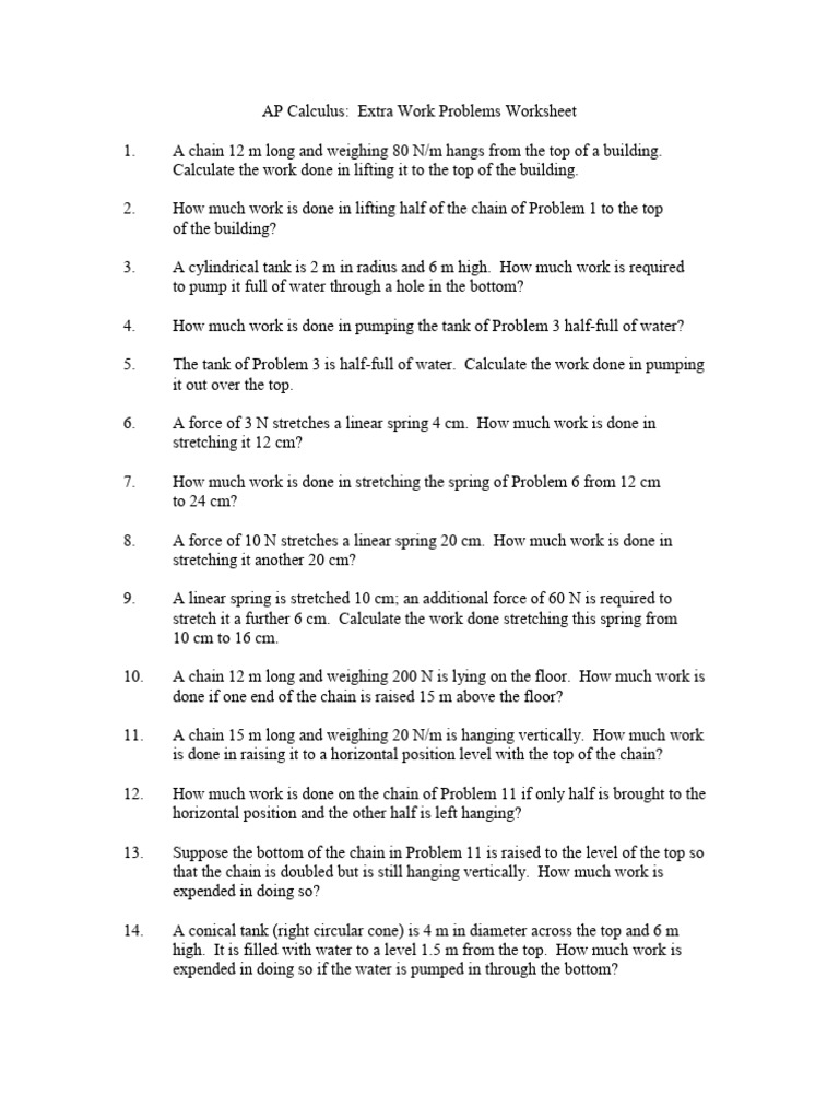 AP Calculus Work Problems Worksheet | PDF