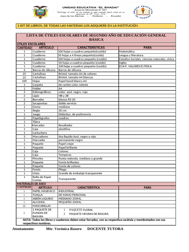 Lista de Útiles Escolares Segundo Grado Ok | PDF | Cuaderno | Papel