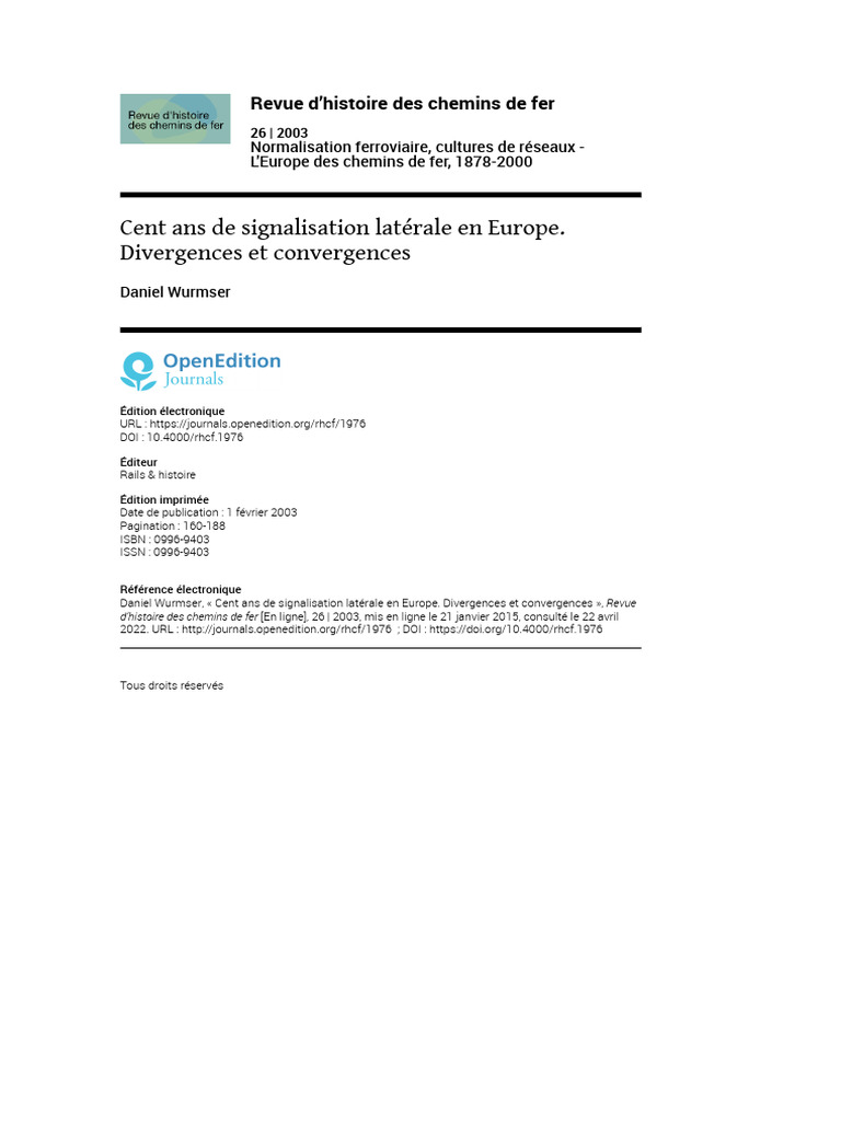 Signalisation Ferroviaire En Europe 1895 1995 PDF Feu De 