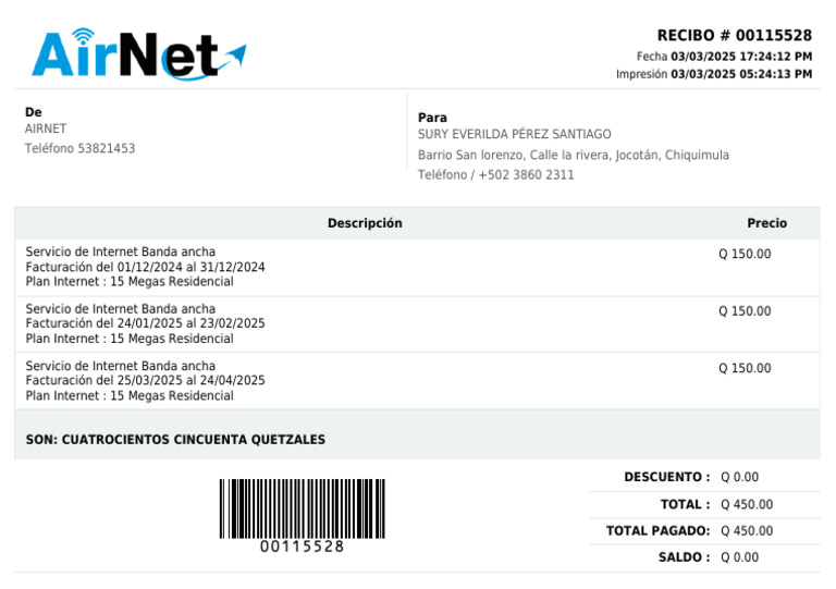 Recibo de Internet Banda Ancha Q450 | PDF