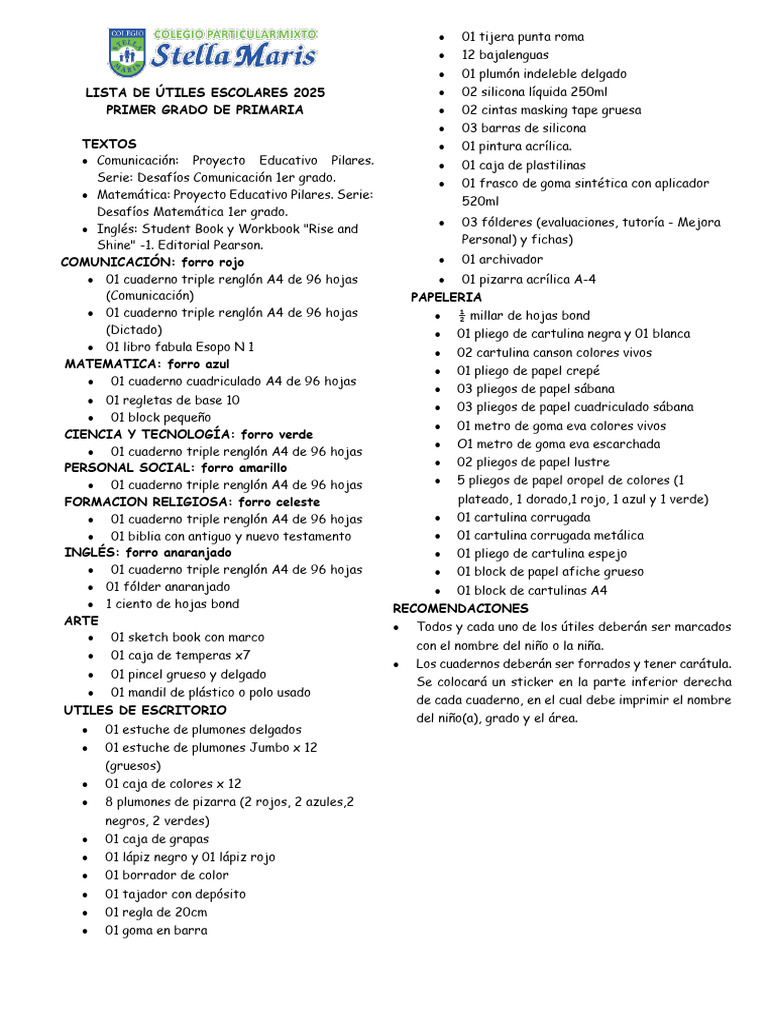 Lista de Útiles 1er Grado 2025 | PDF | Materiales de Conservación y ...